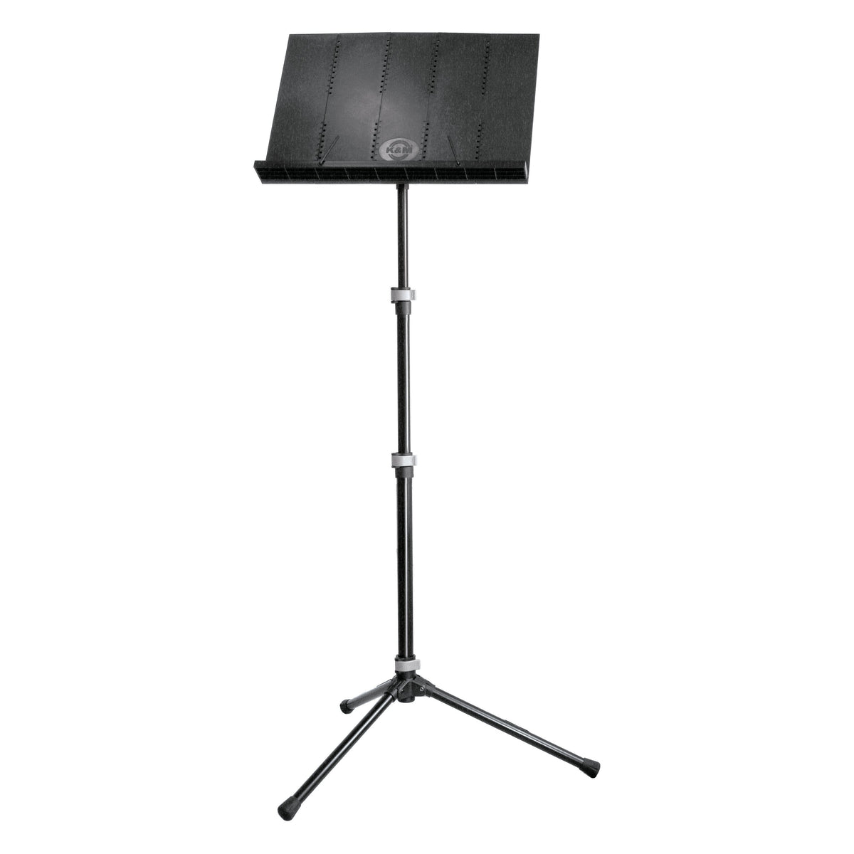 12125 folding orchestra music stand full front view with perforated black desk, telescoping column and tripod base, K&M