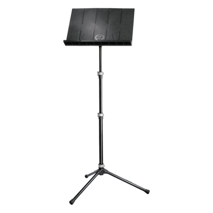 12125 folding orchestra music stand full front view with perforated black desk, telescoping column and tripod base, K&M