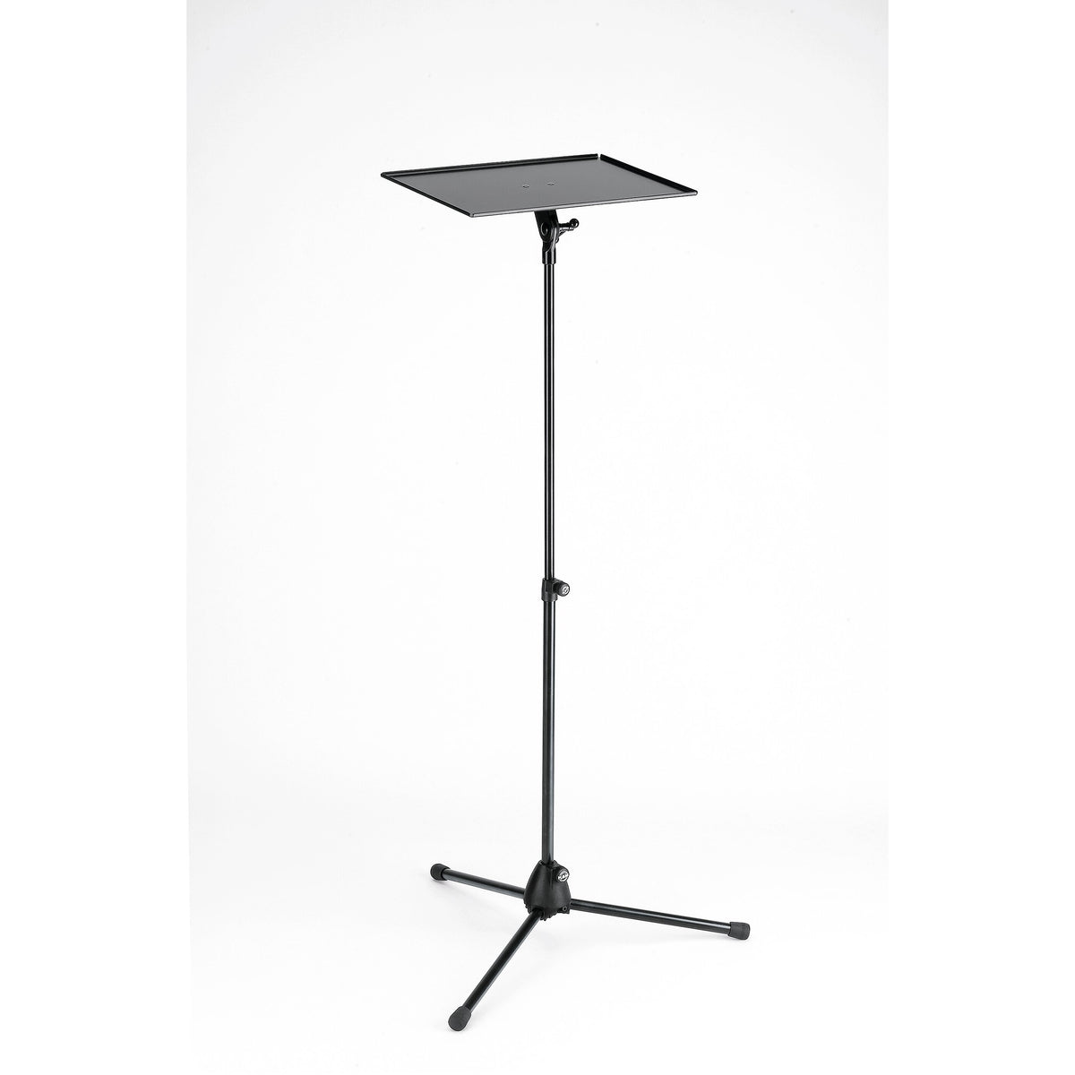 12155 laptop stand full front view with empty black tray on telescopic tube and tripod base, K&M