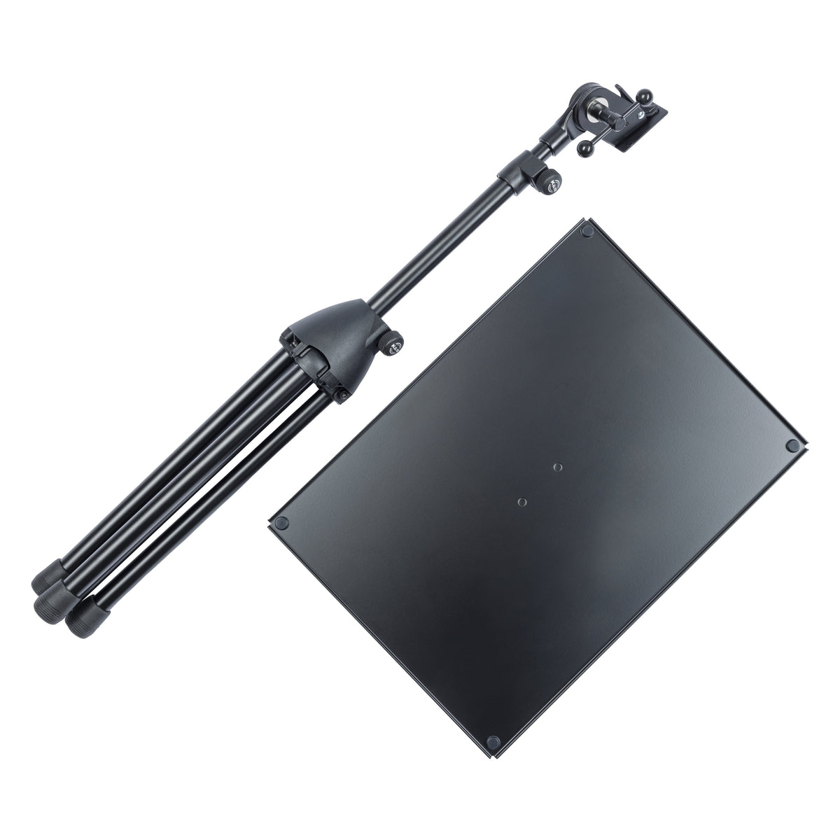 12155 laptop stand disassembled showing underside of tray with mounting holes beside folded tripod legs and tilt clamp head, K&M