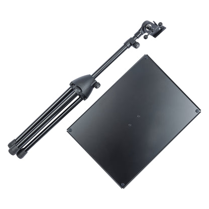 12155 laptop stand disassembled showing underside of tray with mounting holes beside folded tripod legs and tilt clamp head, K&M