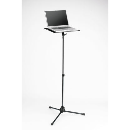 12155 laptop stand in use with notebook computer resting on the black tray at full height, K&M