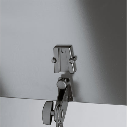 12155 laptop stand close-up of tray mounting plate with two bolts above the tilt joint clamp and knurled knob, K&M