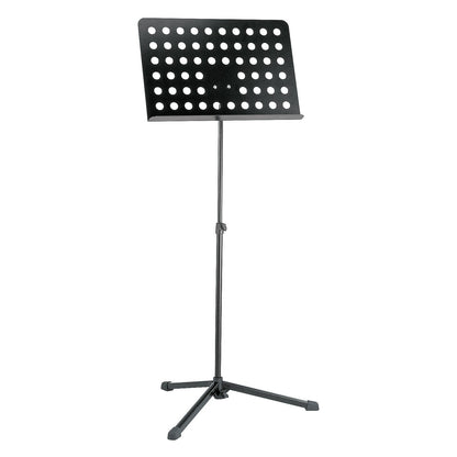 12179 locking steel music stand full view with perforated black desk, telescoping shaft and tripod base, K&M