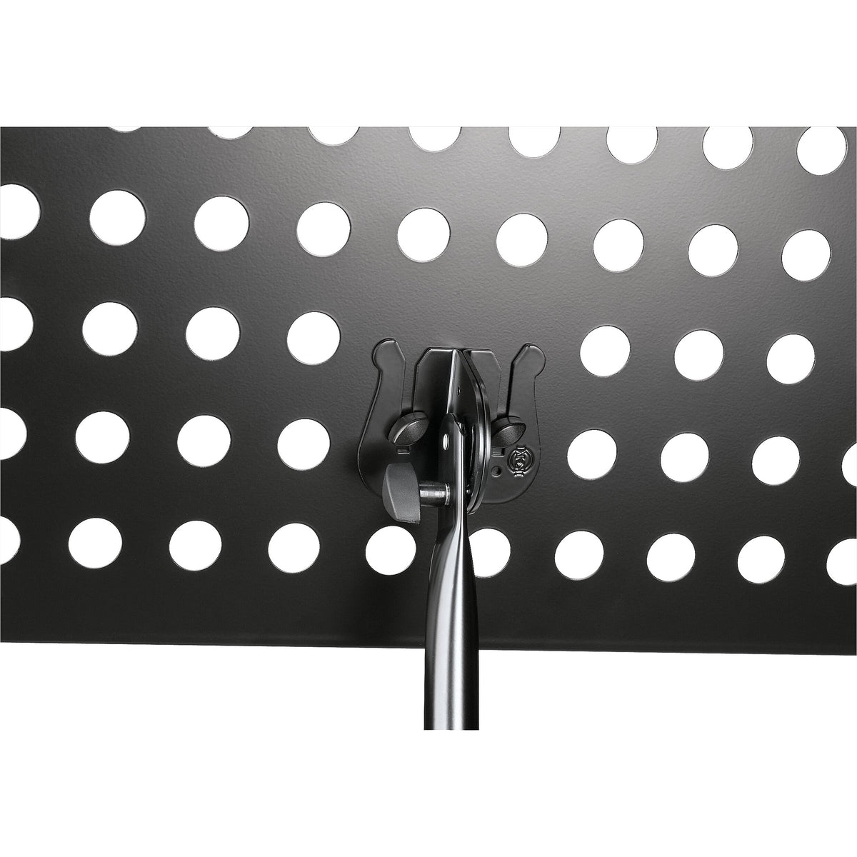 12179 music stand desk mounting detail showing tilt clamp, locking knobs and bracket behind perforated desk, K&M