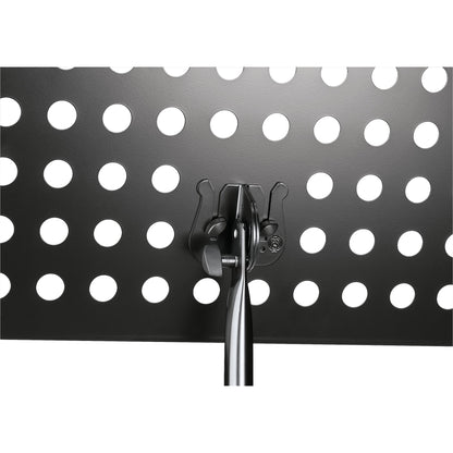 12179 music stand desk mounting detail showing tilt clamp, locking knobs and bracket behind perforated desk, K&M