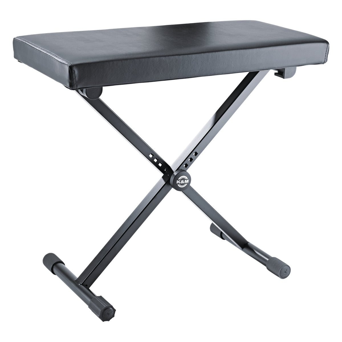 Wide keyboard bench 14075 three-quarter view with black imitation leather seat on X-frame steel legs and K&M logo at the centre pivot, K&M