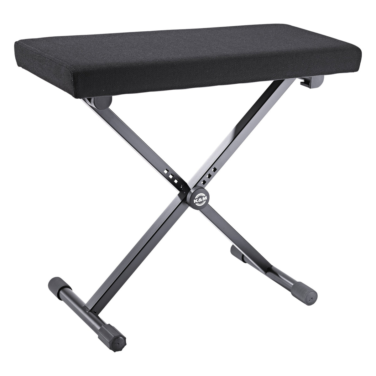 Wide keyboard bench three-quarter view with black fabric seat and X-frame steel legs with K&M logo pivot, K&M