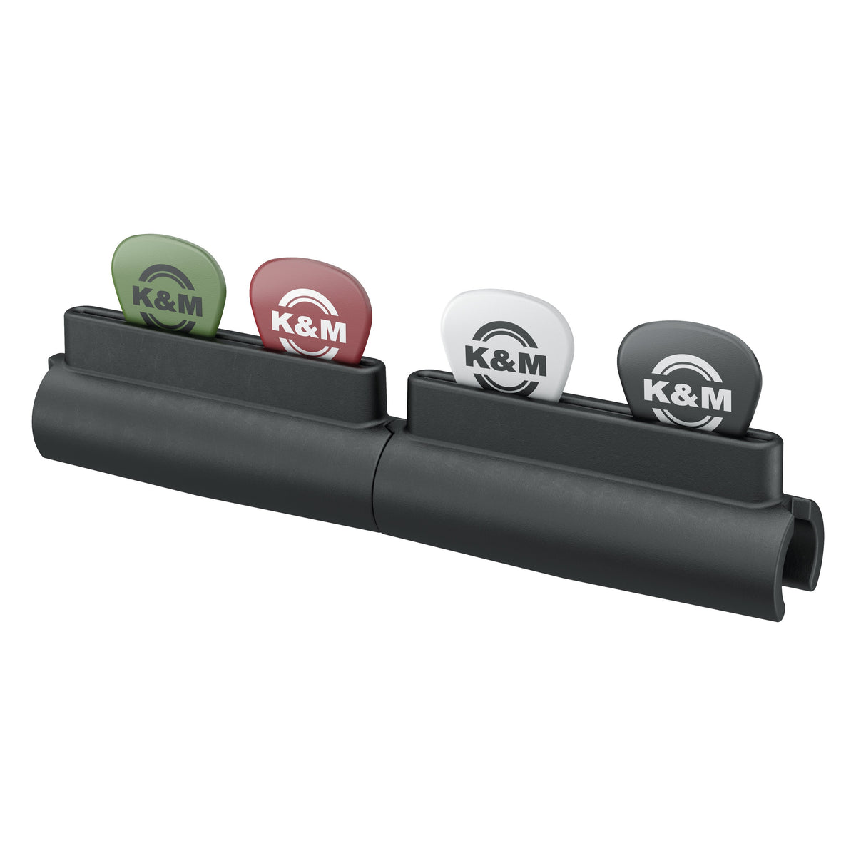 14510 pick holder angled front view with four K&M logo picks in green, red, white and black seated in the slots, K&M