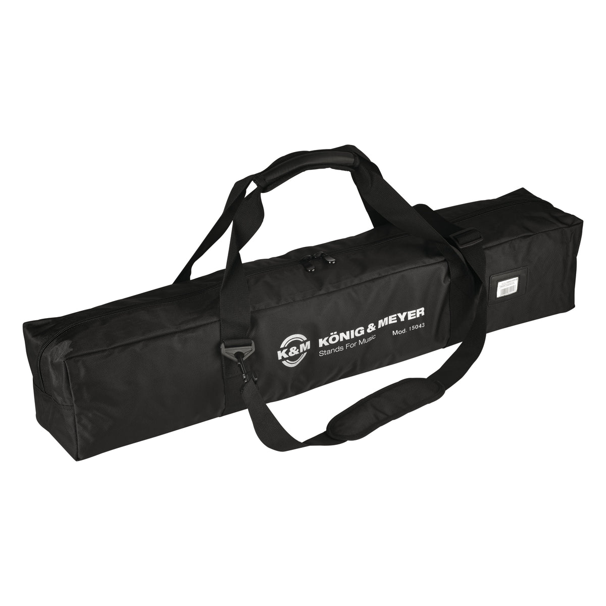 15043 universal nylon carrying case front view with padded shoulder strap, top grab handle and König & Meyer logo with Mod. 15043 label, K&M