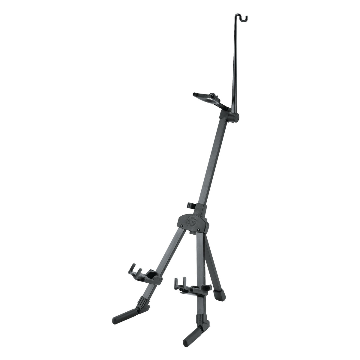 15530 violin stand full front view with tripod legs, padded cradle arms and upright bow holder hook, K&M