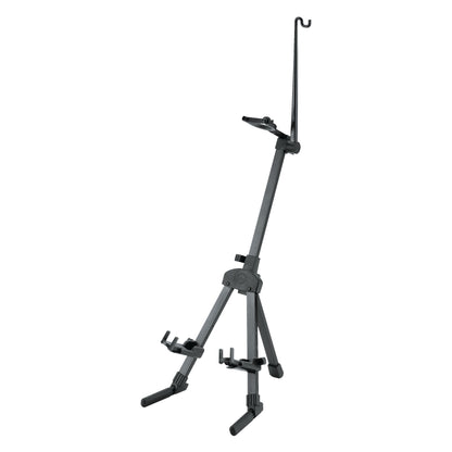15530 violin stand full front view with tripod legs, padded cradle arms and upright bow holder hook, K&M