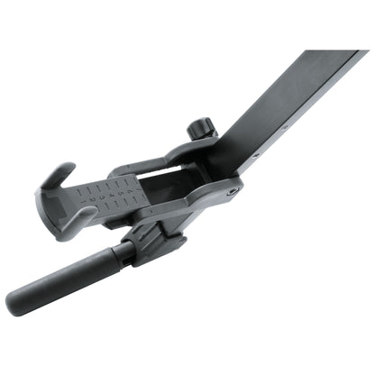15530 violin stand leg detail showing numbered adjustable cradle arm, locking knob and rubber foot, K&M