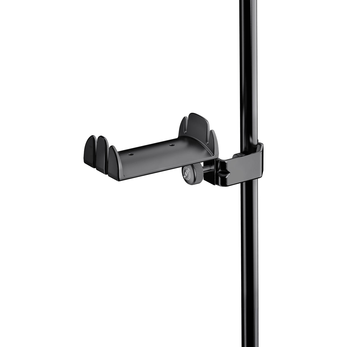 16080 headphone holder clamped to a black stand tube, shown empty with thumbscrew and cradle slots visible, K&M