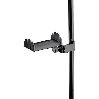 16080 headphone holder clamped to a black stand tube, shown empty with thumbscrew and cradle slots visible, K&M