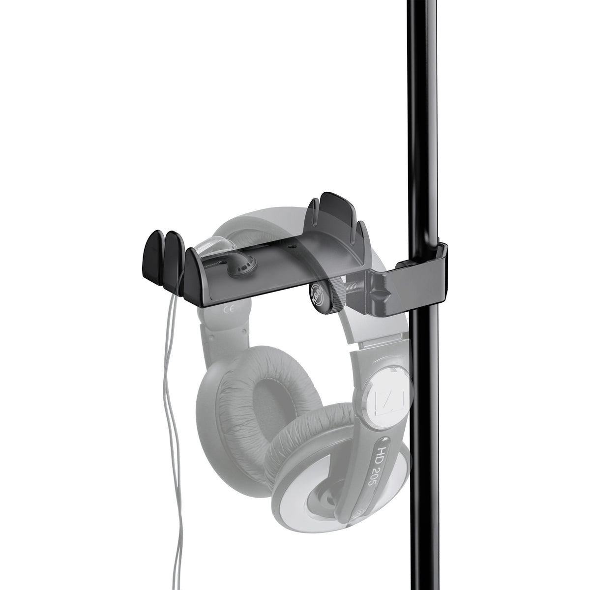 16080 headphone holder in use on a stand with over-ear headphones hanging from the cradle and the cable routed through the side slots, K&M