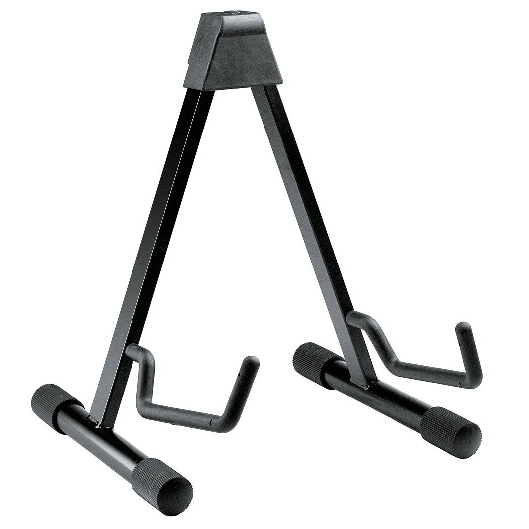 17541 acoustic guitar stand full front view with A-frame legs, rubber-padded top block and curved support arms on knurled foot tubes, K&M