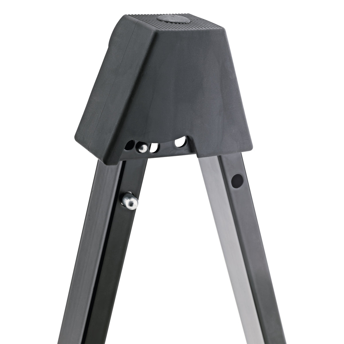 17541 acoustic guitar stand top detail showing rubber head block with adjustment holes and silver locking pins on the leg tubes, K&M