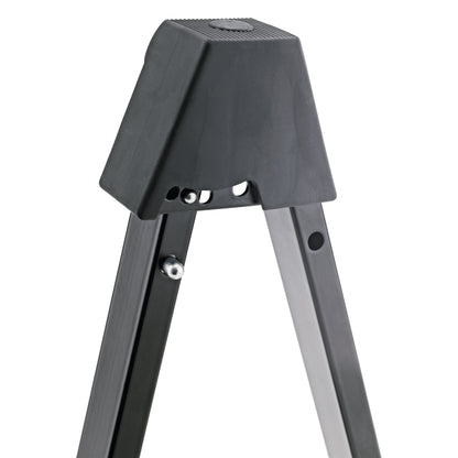 17541 acoustic guitar stand top detail showing rubber head block with adjustment holes and silver locking pins on the leg tubes, K&M