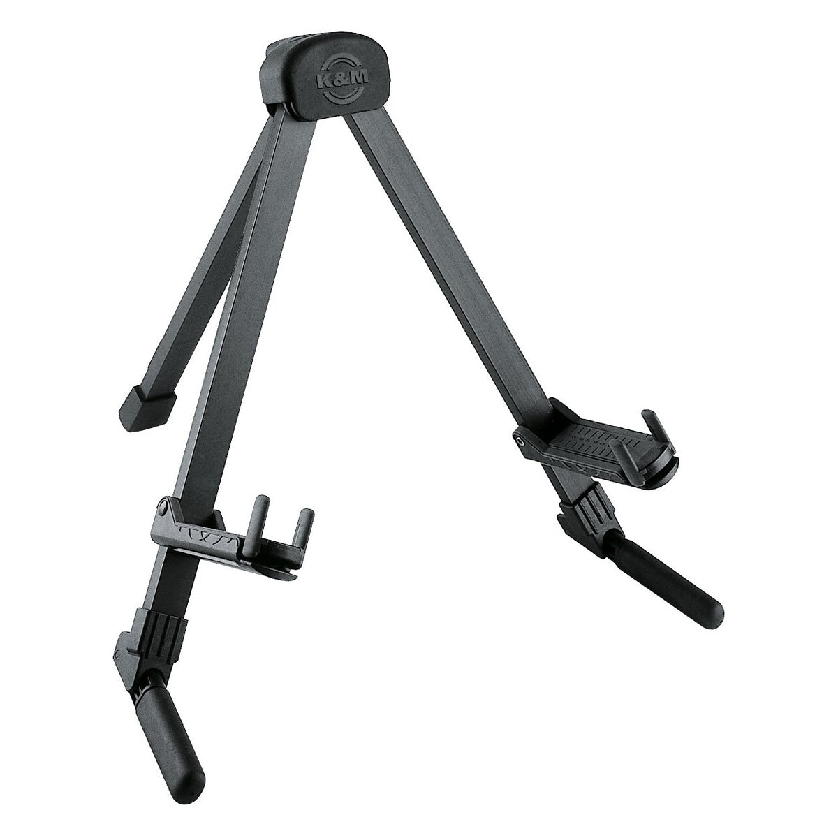 17550 Memphis Travel folding guitar stand front three-quarter view, black anodized legs with K&M logo on the rubber top cradle and adjustable body supports, K&M