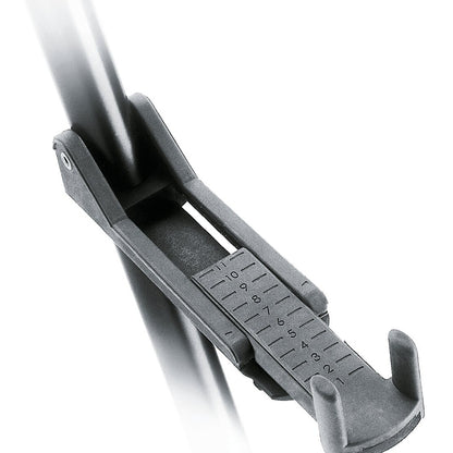 17550 Memphis Travel guitar stand close-up of adjustable body support arm with numbered scale 1 to 11 and rubber-tipped prongs, K&M