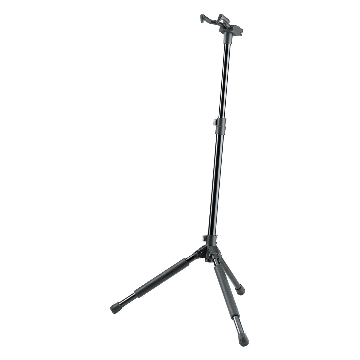 17670 folding guitar stand full view with tripod legs, foam-grip leg sleeves and telescoping tube topped by neck clamp, K&M