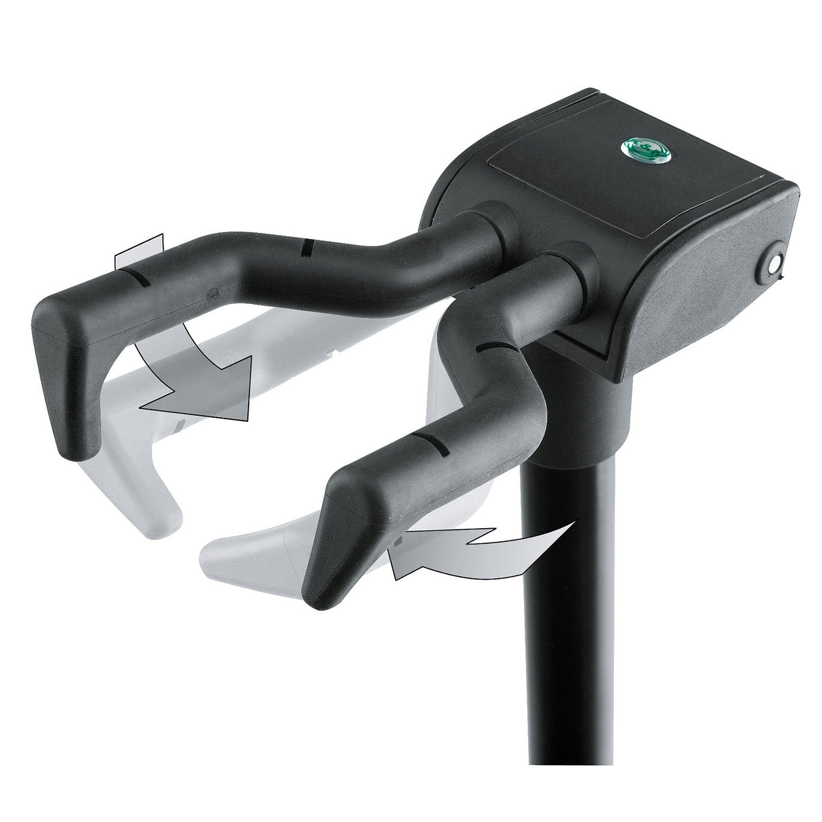 17670 guitar stand neck clamp detail with arrows showing the rubberised arms swinging open and closed, K&M