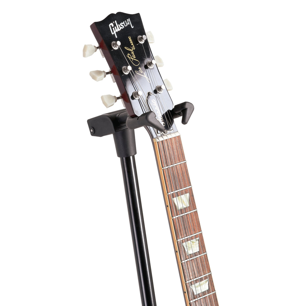 17670 guitar stand neck clamp holding the headstock of a Gibson Les Paul Classic guitar, K&M