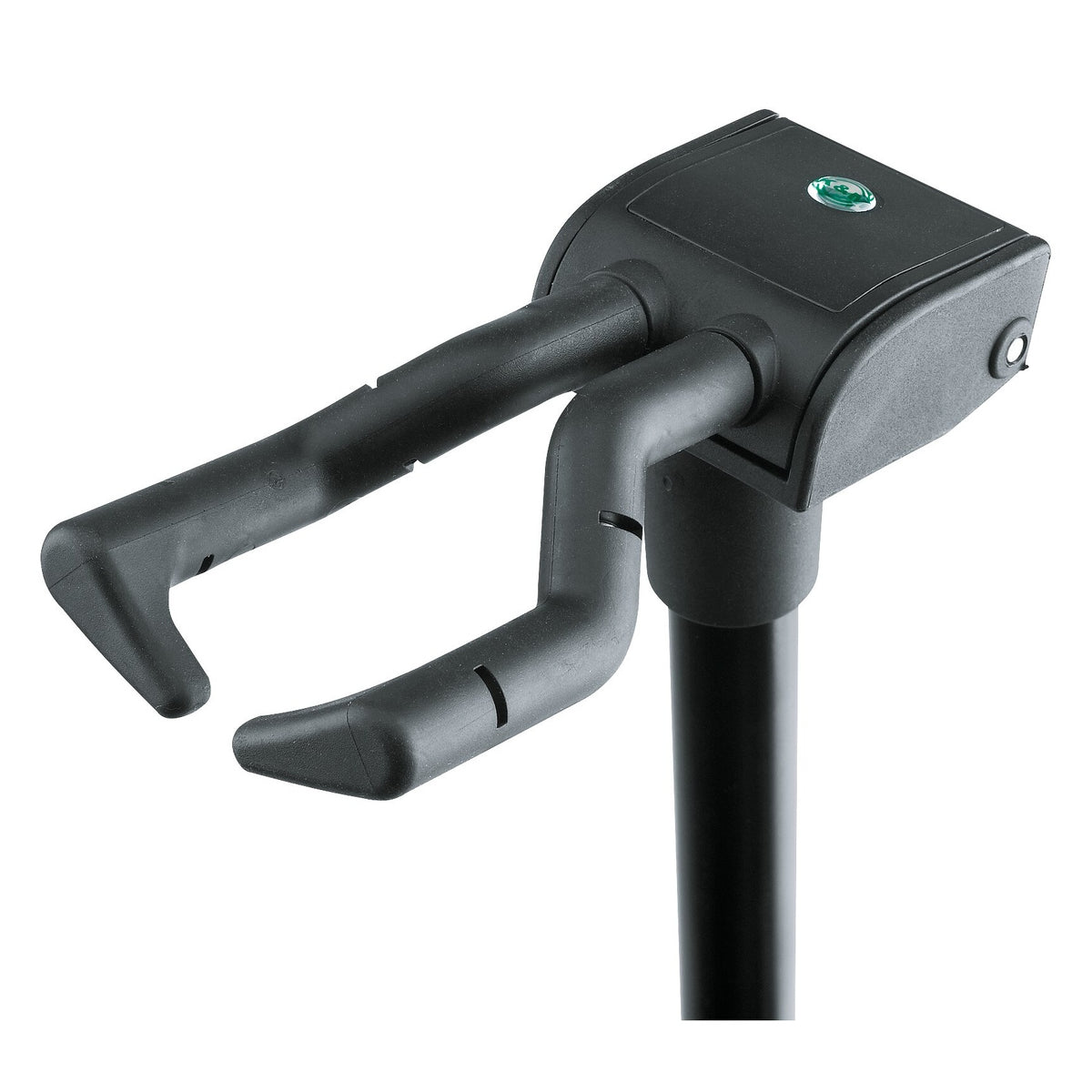 17670 guitar stand locking neck clamp detail in closed position with rubber-coated arms and green K&M badge, K&M