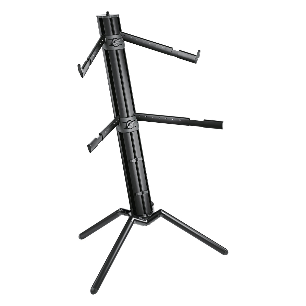 18860 Spider Pro keyboard stand full front view with two tiers of adjustable support arms on black anodized column and tripod legs, K&M