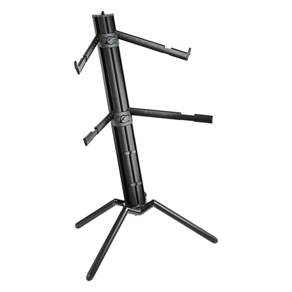 18860 Spider Pro keyboard stand full front view with two tiers of adjustable support arms on black anodized column and tripod legs, K&M