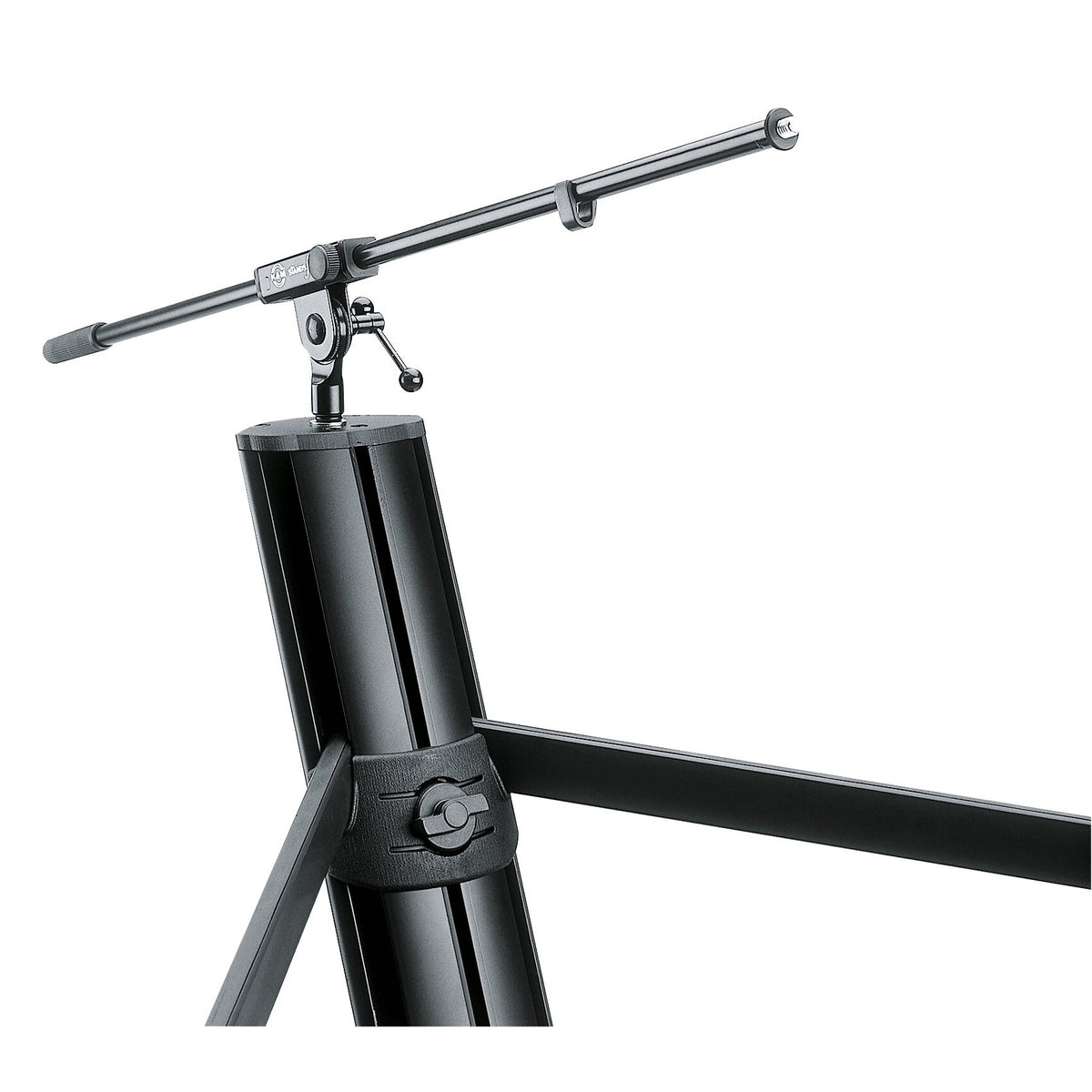 18860 Spider Pro keyboard stand top of column with mic connector and telescopic boom arm attached, K&M