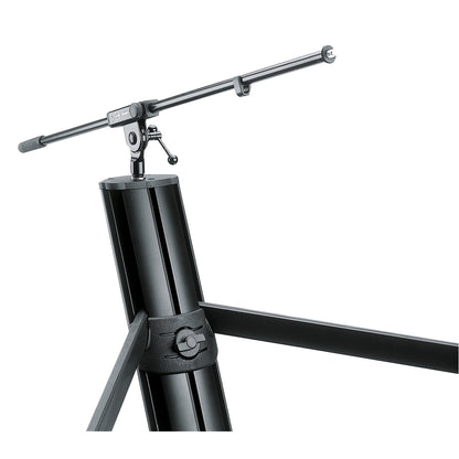 18860 Spider Pro keyboard stand top of column with mic connector and telescopic boom arm attached, K&M