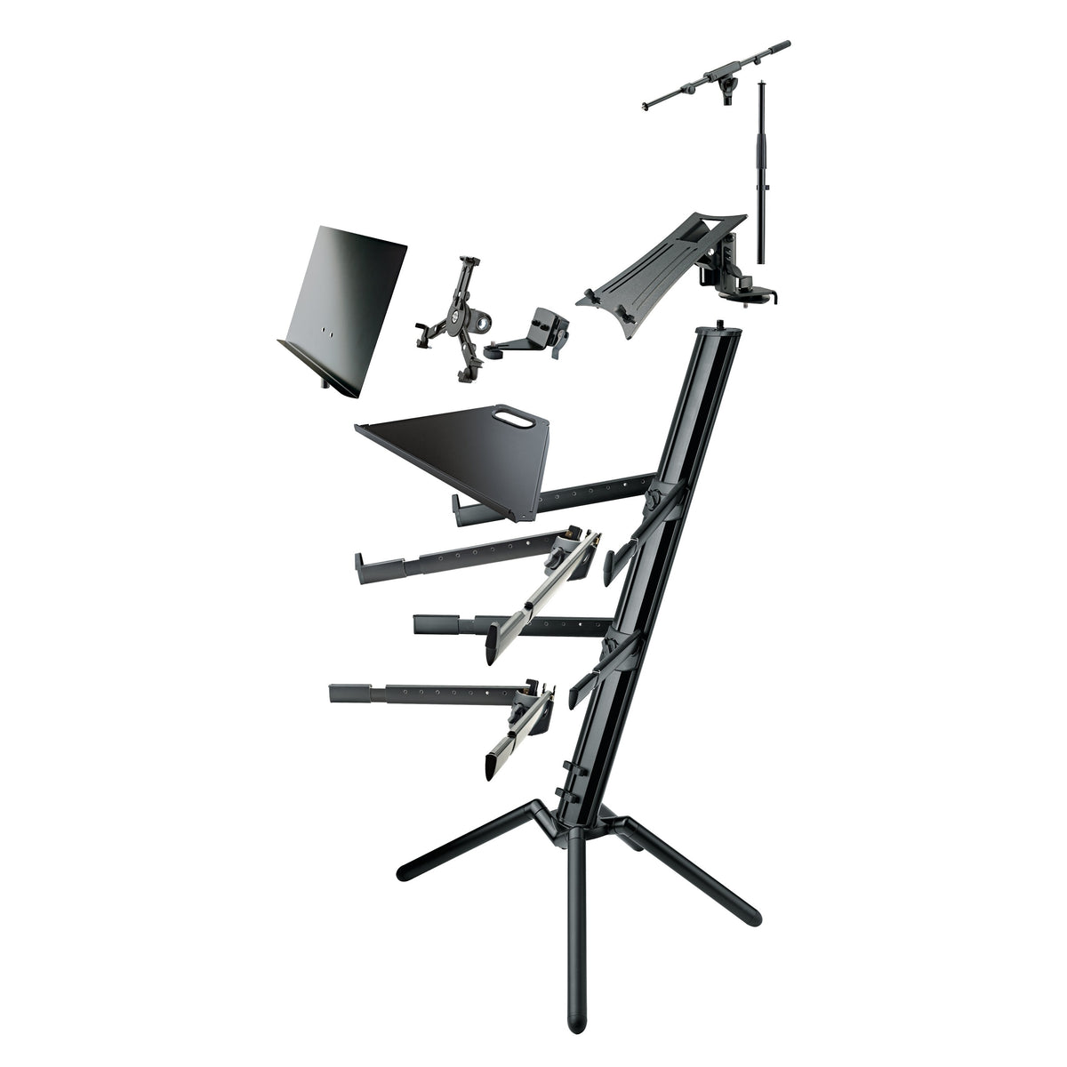18860 Spider Pro keyboard stand exploded view showing optional accessories including music desk, tablet holder, laptop tray and mic boom, K&M