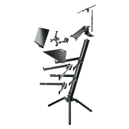 18860 Spider Pro keyboard stand exploded view showing optional accessories including music desk, tablet holder, laptop tray and mic boom, K&M