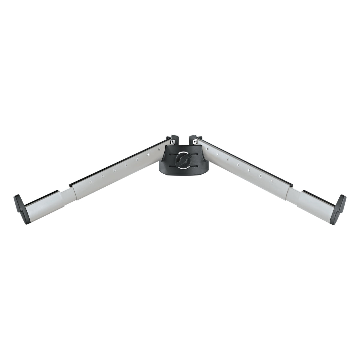 18866 Support Arm Set B front view showing two silver anodized aluminum telescopic tilt arms with perforated adjustment holes, black center clamp and end stops, K&M