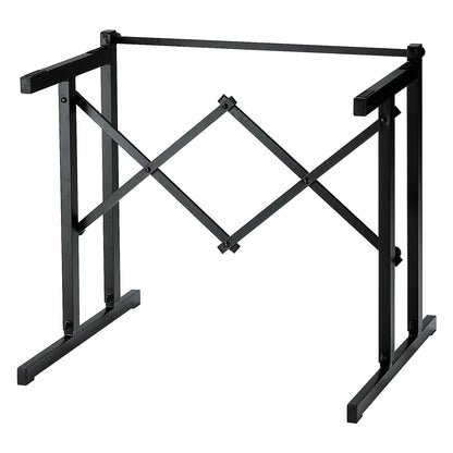 18880 table-style keyboard stand front view fully open with scissor-style cross brace and black square-tube frame, K&M