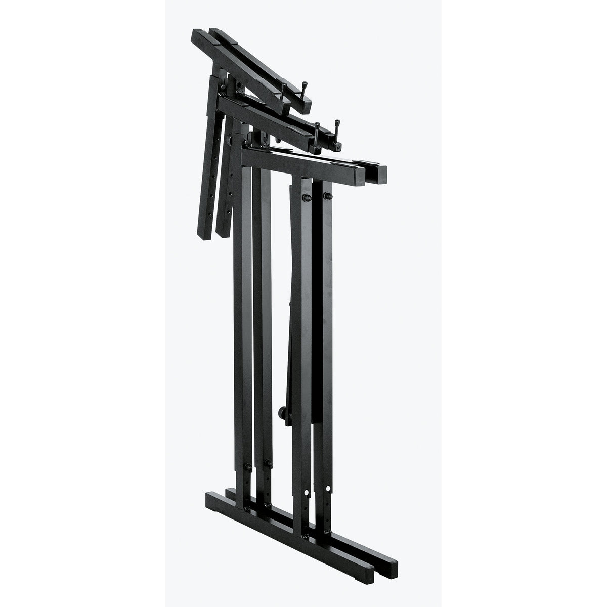 18880 table-style keyboard stand folded flat showing collapsed legs, adjustment holes and clamp knobs on the support arms, K&M