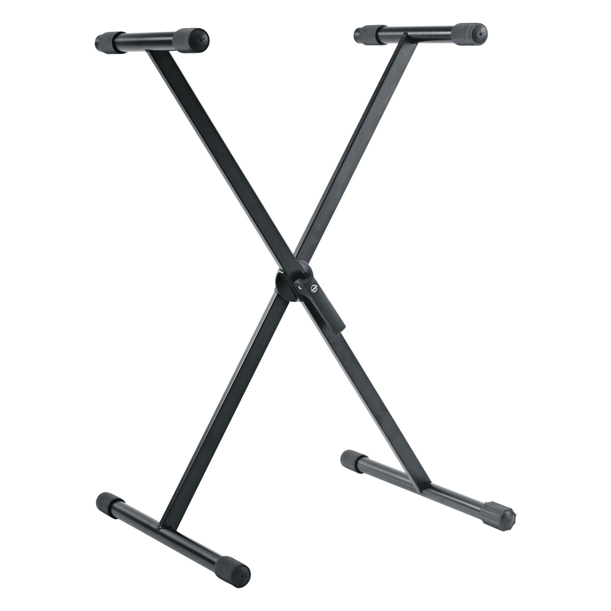 18930 X-Stand keyboard stand front view showing black crossed steel legs with padded support tubes and center pivot, K&M