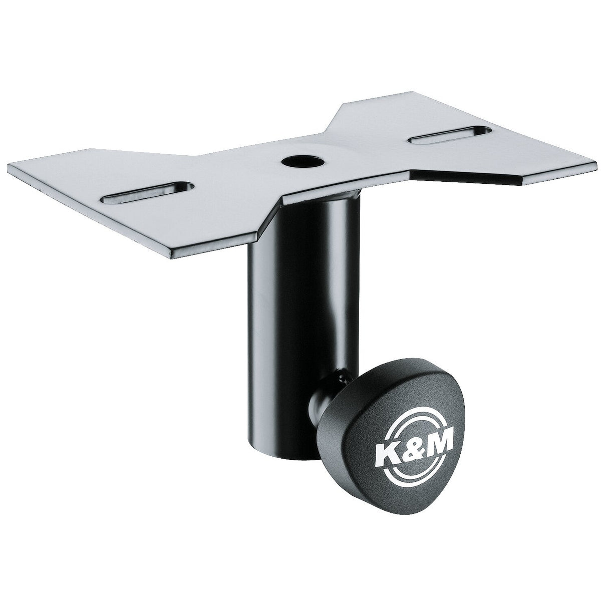 195/8 speaker stand mounting adapter angled front view showing flat steel top plate with two slotted holes and a center hole above the slip-on tube with K&M logo clamp knob, K&M