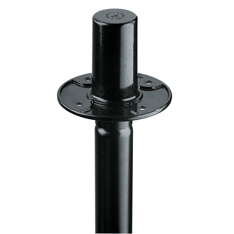 19656 speaker flange adapter fitted on a 35mm stand tube, front view showing black die-cast flange with mounting holes and raised top spigot, K&M