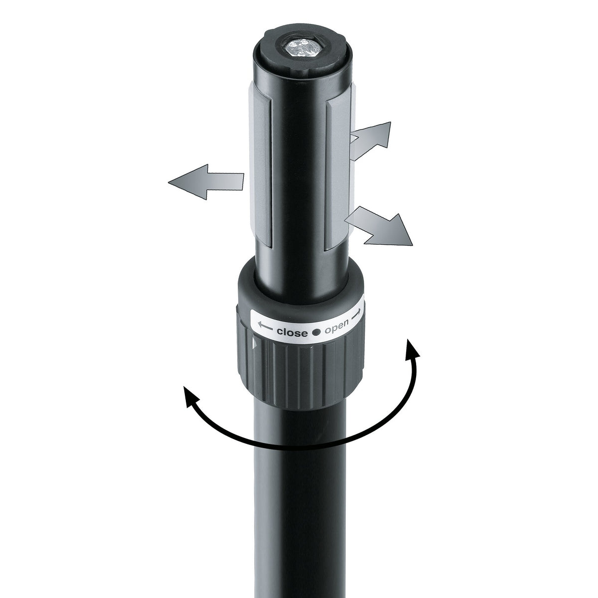 19674 speaker tilt connector detail of the ring lock collar marked close and open with rotation arrows and expanding grey clamp segments on the black post, K&M