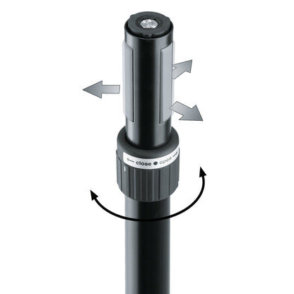 19674 speaker tilt connector detail of the ring lock collar marked close and open with rotation arrows and expanding grey clamp segments on the black post, K&M