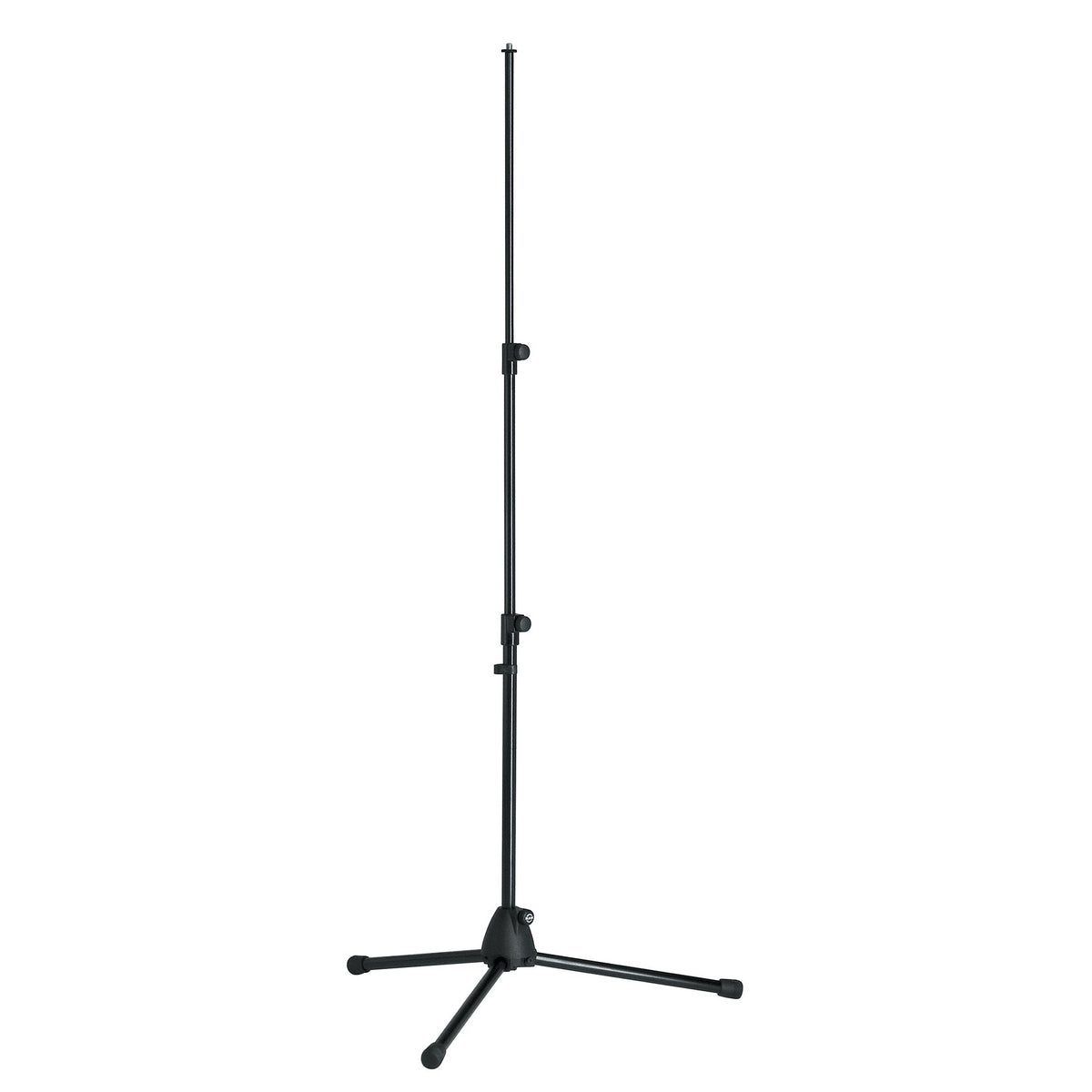 19900 compact tripod mic stand full front view extended with folding legs deployed, two clamp knobs on telescopic tube and rubber leg tips, K&M