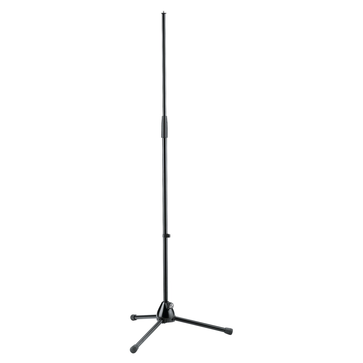 20120 folding tripod mic stand full front view in black with die-cast base, telescoping shaft and rubber-tipped legs, K&M