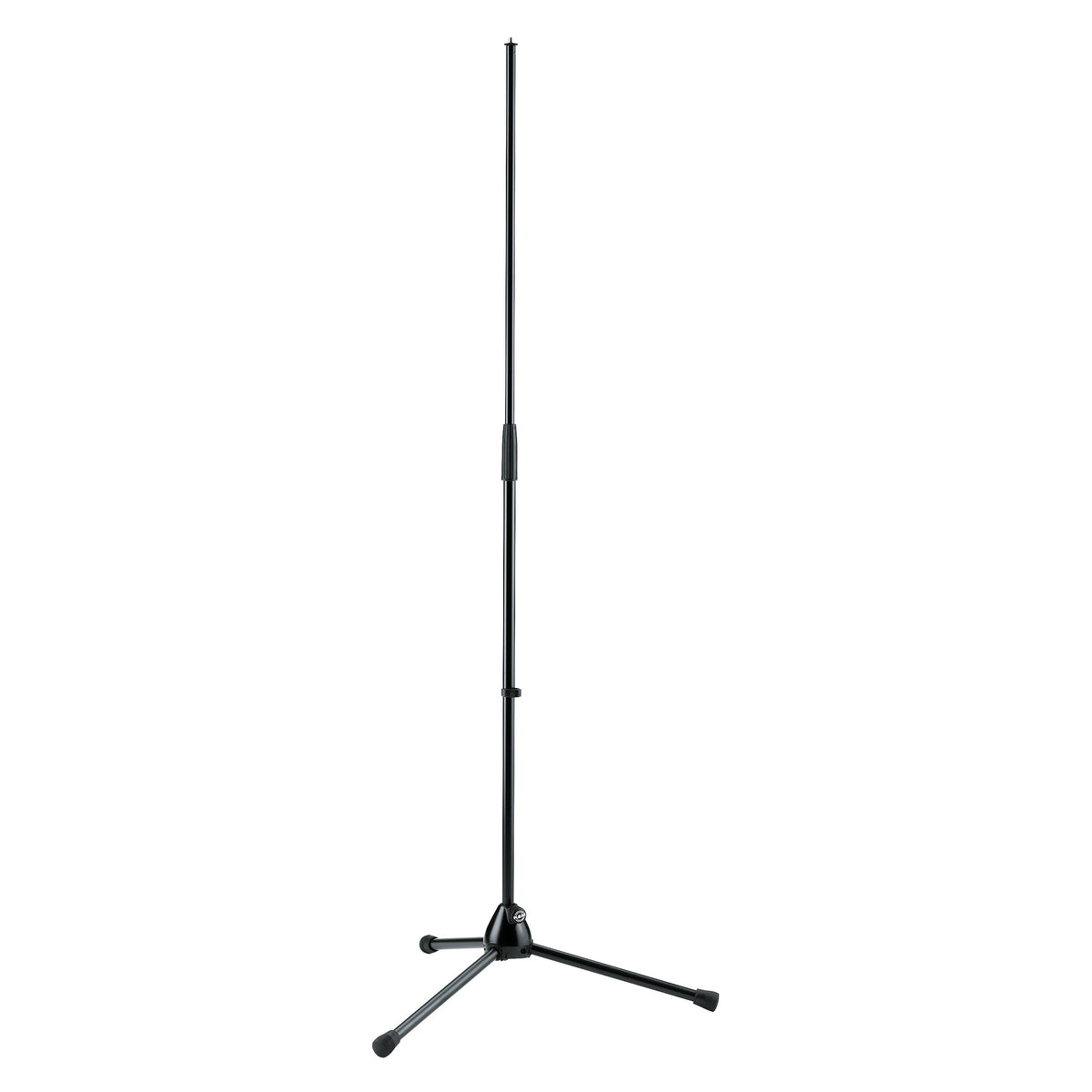 201A/2 tripod mic stand full-length front view, fully extended black telescoping shaft with clutch collar and rubber-tipped folding legs, K&M