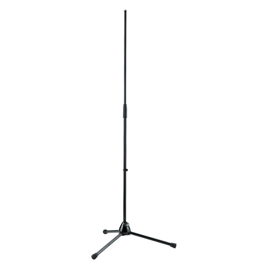 201A/2 tripod mic stand full-length front view, fully extended black telescoping shaft with clutch collar and rubber-tipped folding legs, K&M