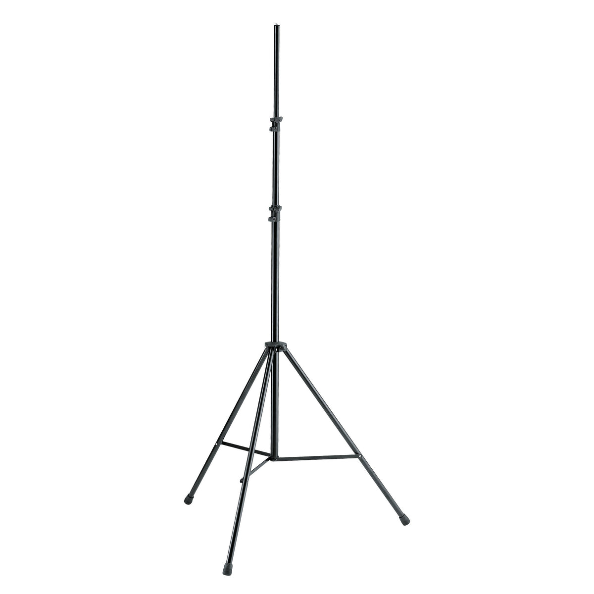 20800 overhead tripod mic stand full front view extended with three telescoping sections, clamp collars and spreader braces between folding legs, black, K&M