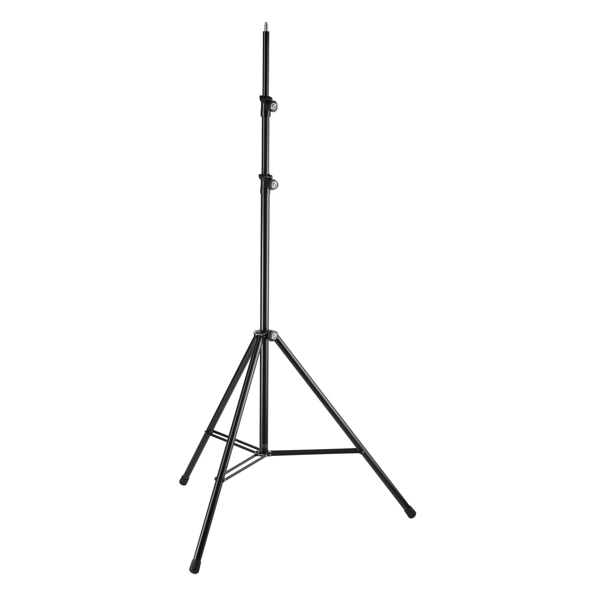 20811 overhead tripod mic stand full front view extended, showing three telescoping tube sections with two clamp knobs, braced tripod legs and rubber foot caps in black, K&M