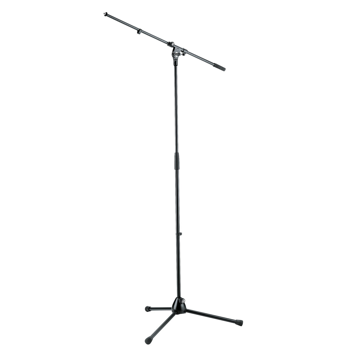 210/2 microphone stand full front view with extended boom arm, telescoping black upright and folding tripod base with rubber feet, K&M